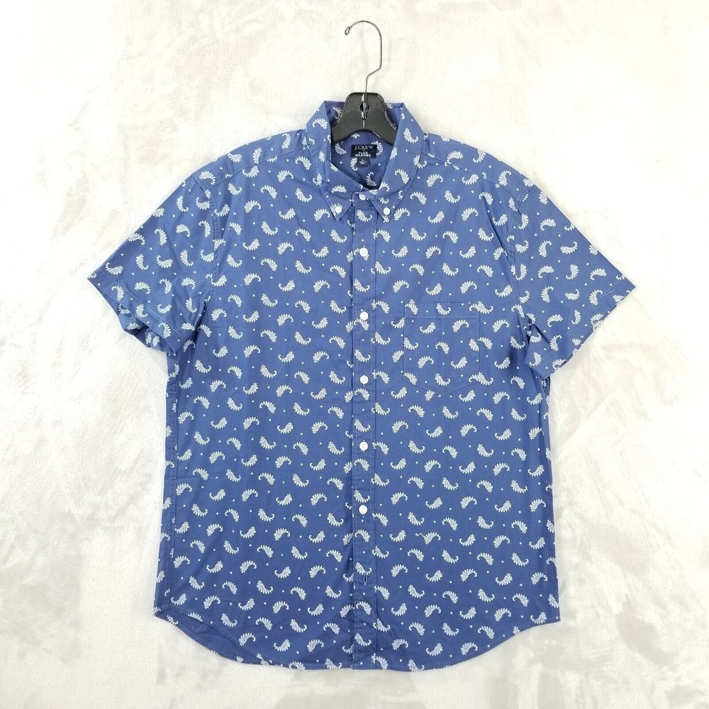 J Crew Shirt Men Large Blue Cotton Stretch Paisley Short Sleeve Prep Flex Washed